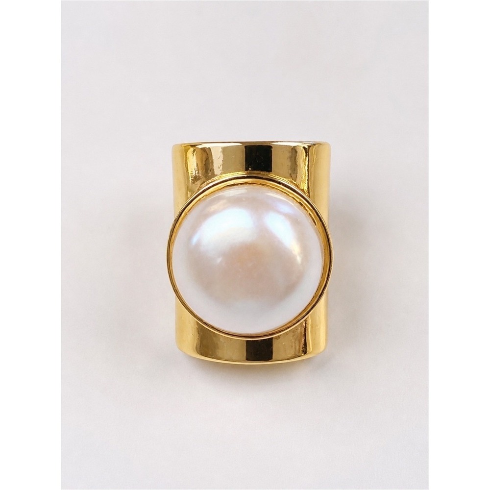 Bold Gold Tone Statement Pearl Ring Oversized Faux Pearl Chunky Wide Band Size 7